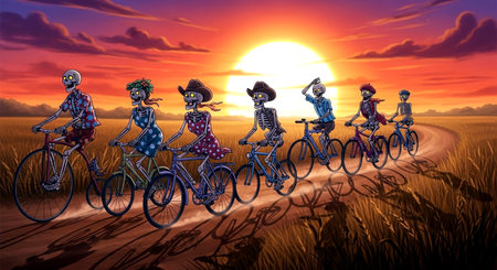Cyclists on the road at sunset. 3D illustration.の素材
