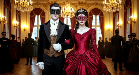 Portrait of a couple in carnival masks posing in the palaceの素材