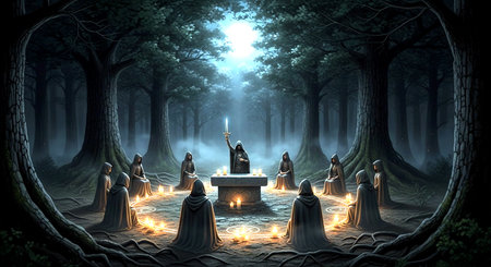 Mysterious dark forest with three wise men. 3D renderingの素材