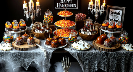 Candles and candies on a table for Halloween party. Halloween sweetsの素材