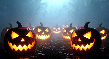 Halloween pumpkins in a foggy forest. 3D renderingの素材