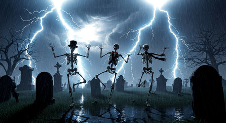 Scary halloween background with zombies and lightning. Mixed mediaの素材