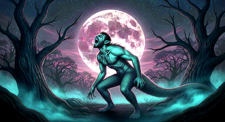Zombie in the forest with full moon. 3D illustration.の素材