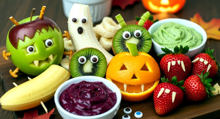 Funny monsters made of fruits and vegetables for Halloween party. Halloween sweetsの素材