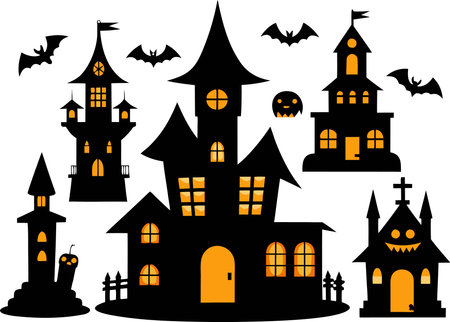 Halloween background with haunted house and flying bats. Vector illustration.のイラスト素材