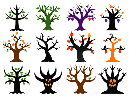 Set of Halloween tree icons isolated on white background. Vector illustration.のイラスト素材