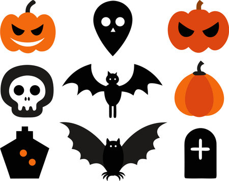 Set of Halloween icons with bats, pumpkins and other elements.のイラスト素材