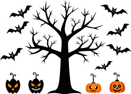 Halloween tree with bats and pumpkins on white background, vector illustrationのイラスト素材