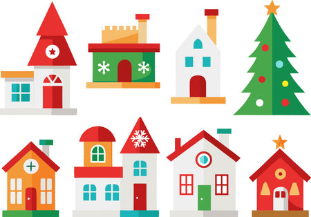 Christmas and New Year houses on a white background. Vector illustration.のイラスト素材