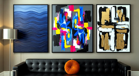 modern living room with black leather sofa and colorful painting on the wallの素材