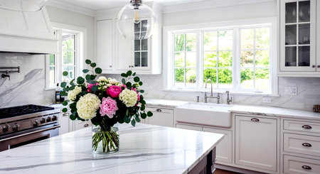 Luxury kitchen with white cabinets and flowers in a vaseの素材