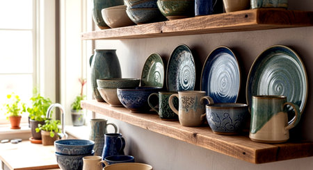 Ceramic tableware on the shelf in the kitchen at homeの素材
