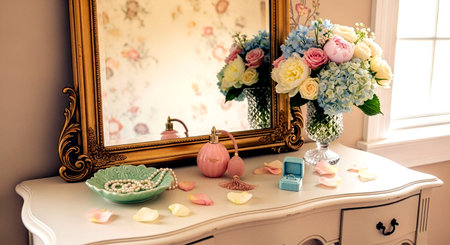 Beautiful flowers in vase on chest of drawers near mirrorの素材