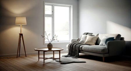 interior with sofa. 3d render and illustration of living roomの素材