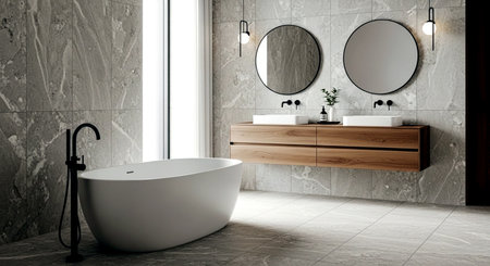 Interior of modern bathroom with gray tile walls, tiled floor, comfortable white bathtub and round mirror. 3d renderingの素材
