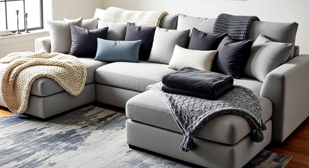 modern living room with grey sofa, pillows and knitted plaidの素材