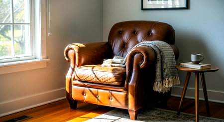 Luxury brown leather armchair with plaid in living roomの素材