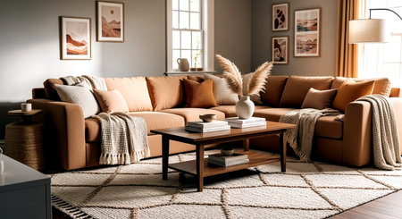 Modern living room interior with brown sofa and coffee table. 3d renderの素材