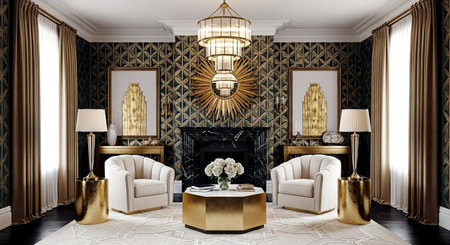 Luxury living room in classic style with fireplace and armchairsの素材