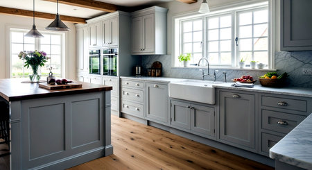 Luxury kitchen interior design with grey cabinets and hardwood floorの素材