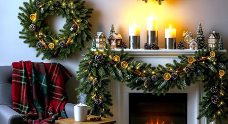 Christmas interior with fireplace, christmas tree, candles and plaidの素材