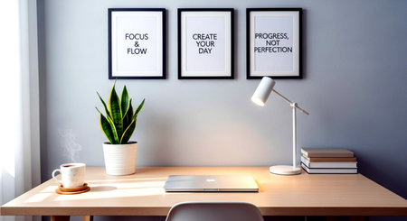 Interior of modern office with wooden desk, computer, lamp and plants. 3d renderの素材