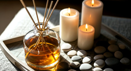 Aromatic reed diffuser and candles in a spa settingの素材
