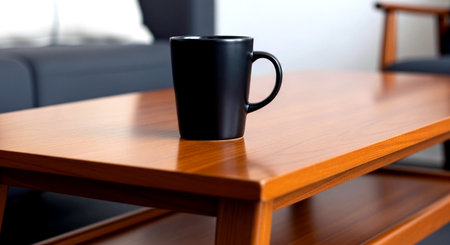 Coffee cup on wooden table in the living room, stock photoの素材