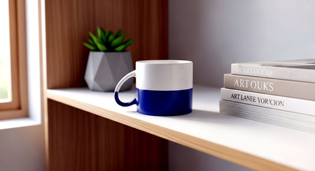 Mug of tea or coffee on the bookshelf. 3D rendering.の素材