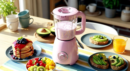 Delicious breakfast with smoothie in blender on table, closeupの素材