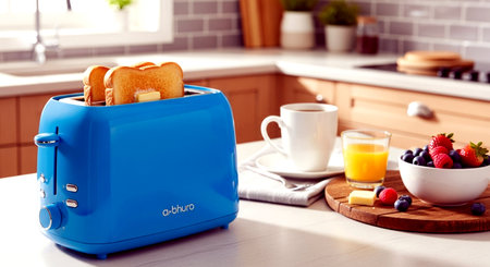 Toaster with toasts and orange juice in the kitchen at homeの素材
