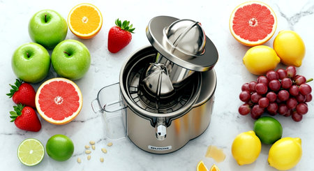 Electric juicer with fruit on white marble background. Top view.の素材