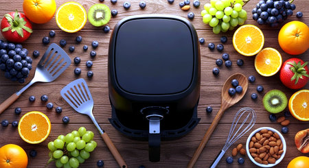 Fruit and vegetable juicer on wooden table. Top view with copy spaceの素材