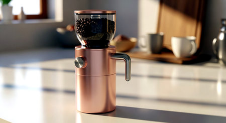 Modern coffee grinder on the kitchen table. 3d rendering.の素材