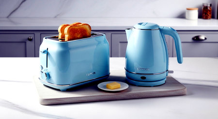 Toaster and toasts on a white table in the kitchen.の素材
