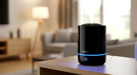 Modern air humidifier on wooden table in living room, closeupの素材