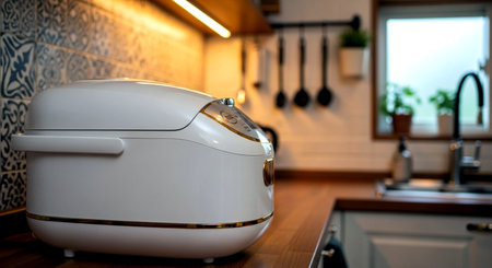Modern white toaster on a wooden table in a modern kitchen.の素材