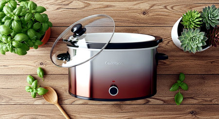 Modern electric multi cooker on wooden background, top view. Cooking conceptの素材