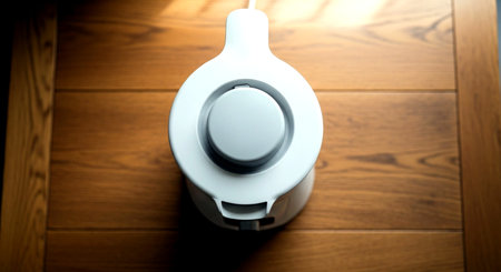 Modern vacuum cleaner on the wooden floor. Close-up view.の素材