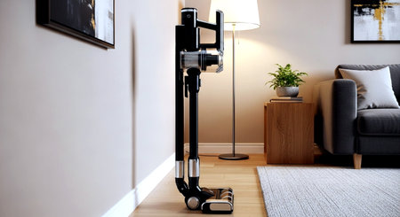 Modern vacuum cleaner in living room, 3d rendering. Computer digital drawing.の素材