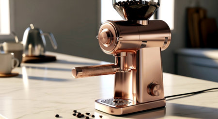 Modern coffee machine on table in kitchen, closeup. Space for textの素材