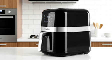Modern black toaster on white table in modern kitchen 3D renderingの素材
