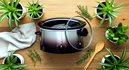 Top view of black electric multicooker with green plants on wooden tableの素材