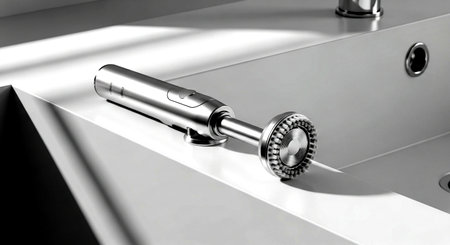 3d rendering of a stainless steel shower head in a modern bathroomの素材