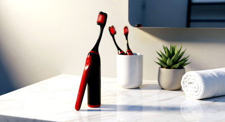 Toothbrushes in holder on white marble table in bathroom.の素材
