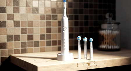 Electric toothbrush on the shelf in the bathroom. 3d illustrationの素材