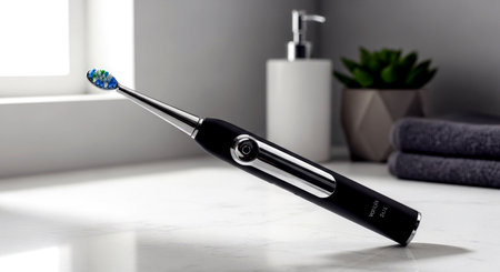 Electric toothbrush with toothpaste on a white table in the bathroomの素材