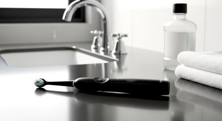 Electric toothbrush on table in bathroom, closeup. Hygiene conceptの素材