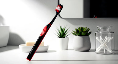 Toothbrush with toothpaste on white table in bathroom closeupの素材