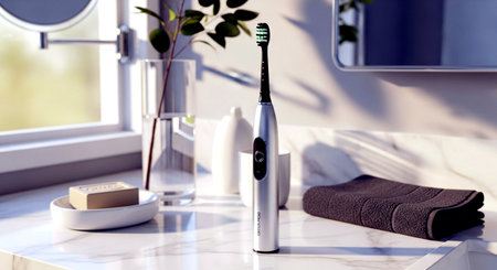 Electric toothbrush on white marble table in modern bathroom with mirror and towelの素材